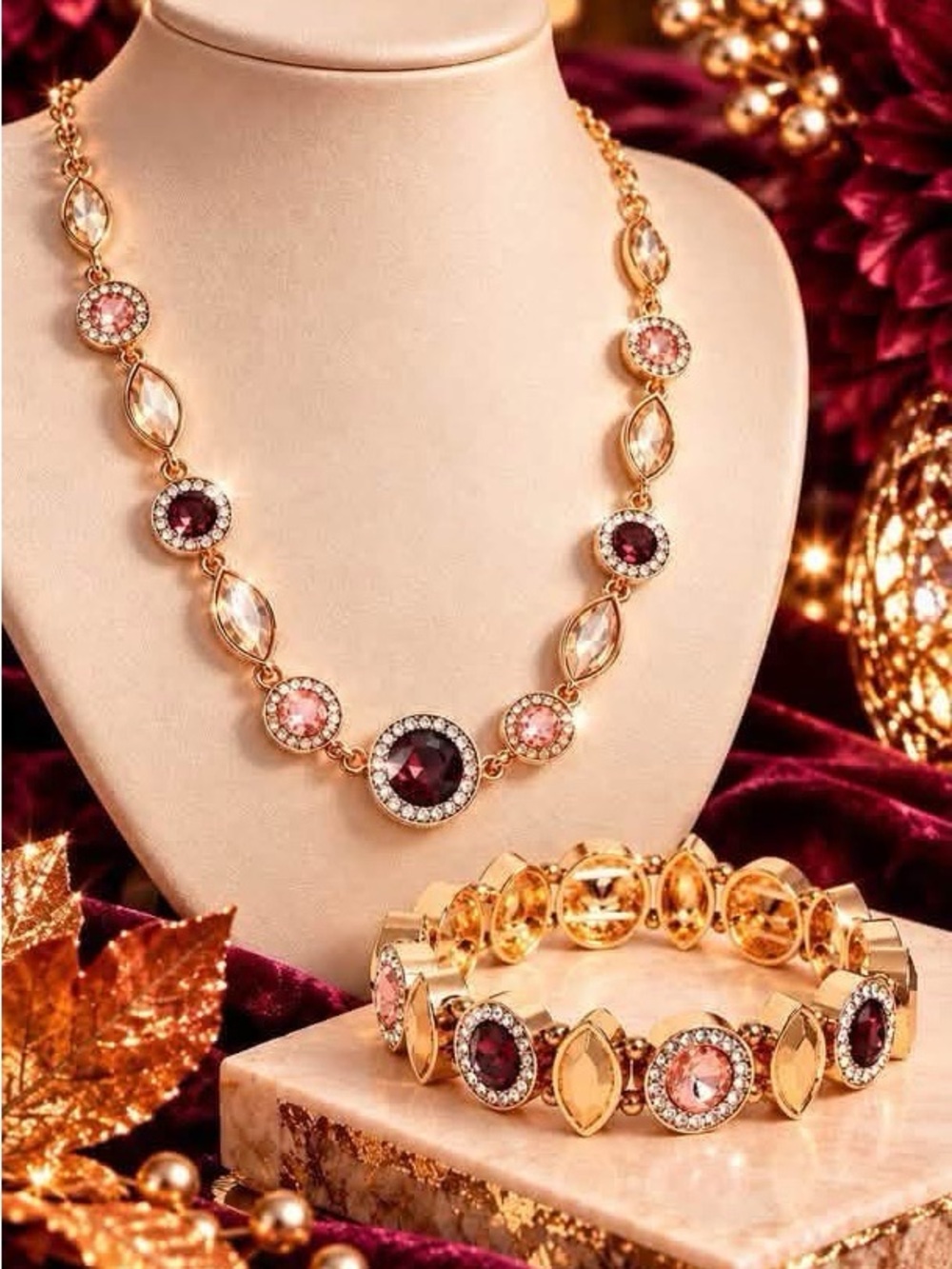 Gold-Tone Pink & Burgundy Crystal Necklace and Bracelet Set